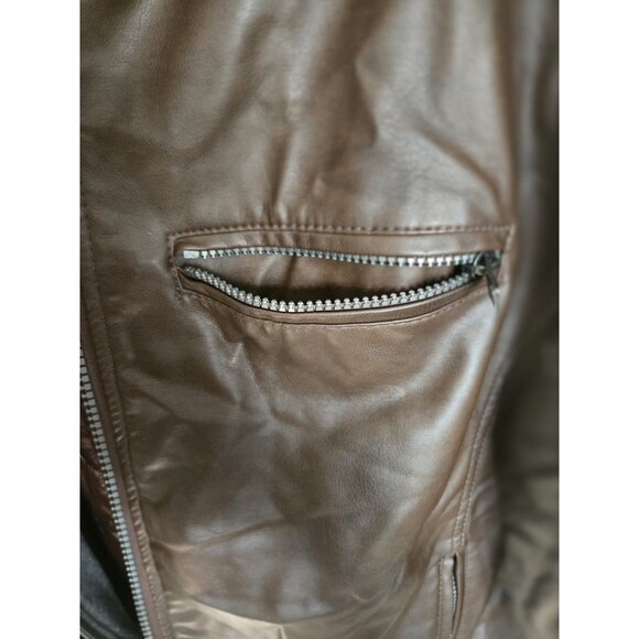 GUESS Mens Faux Leather Hooded Moto Jacket Brown XXL Zip Hood Wind Water Resist - Picture 12 of 16